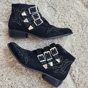 DIBA Black suede booties with silver studs and hardware